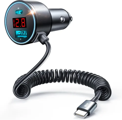 Cargador de coche USB C, 75 W, 3 puertos, adaptador de cargador de coche súper rápido PD y QC3.0 integrado de 6 pies tipo C en espiral para