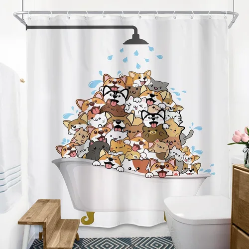 Miniatura 4 de SVBright Divertida cortina de ducha con diseño de perro para niños, diseño de corgi con dibujos animados, 72 pulgadas de ancho x 72 pulgadas
