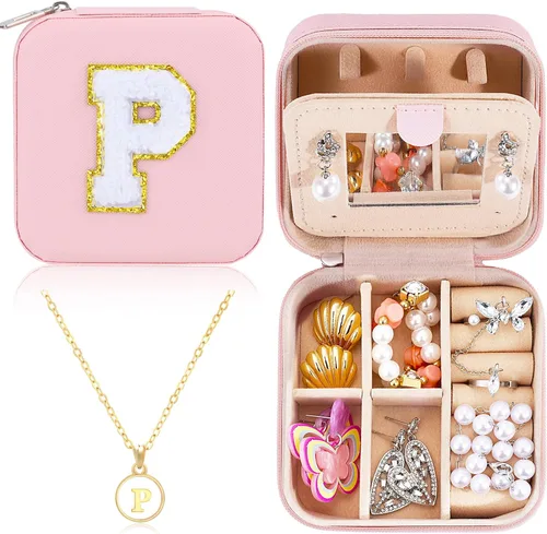 URSKYTOUS Joyero pequeño de viaje con joyero con inicial, mini organizador de joyas para mujeres, portátil, personalizado, adolescente, niñas,