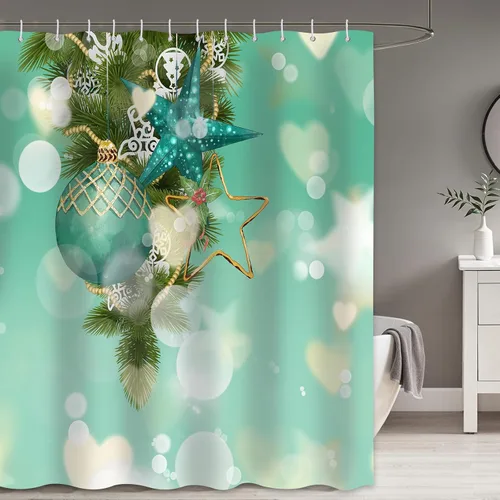 Cortina de ducha de Feliz Navidad para baño, Nochebuena, Año Nuevo, arte bokeh verde, juego de cortina de ducha moderna de Navidad, cortina de ducha