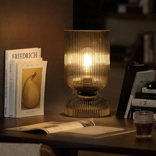 Miniatura 4 de Lámpara de mesa moderna, lámpara de vidrio de mediados de siglo con pantalla de vidrio gris ahumado, lámpara de cabecera con interruptor