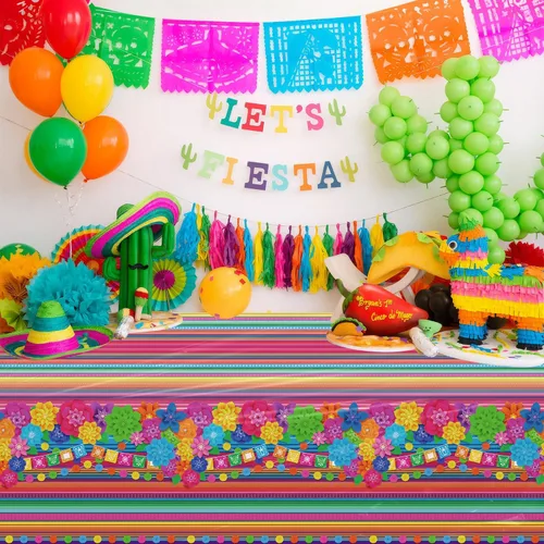 Miniatura 7 de Mantel de plástico para fiesta mexicana, 4 unidades, diseño de flores de papel a rayas mexicanas, decoración rectangular para fiesta de taco