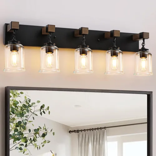 Miniatura 11 de VbiTmn Lámparas de Baño Estilo Granja, Lámpara de Tocador de Baño de 3 Luces Negro Mate, Estilo Industrial con Pantallas de Vidrio Transparente