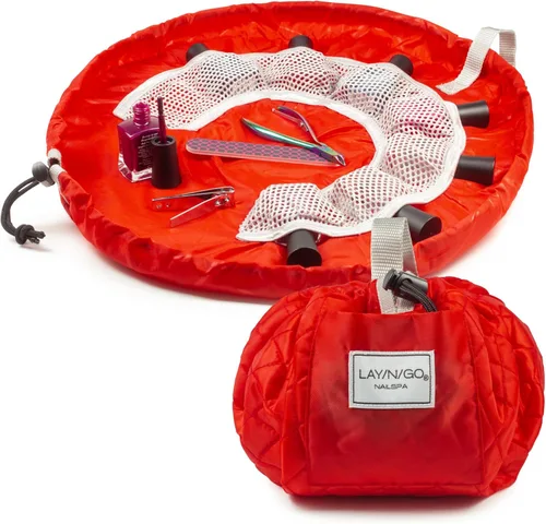 Miniatura 11 de Lay-n-Go NailSpa - Bolsa de cosméticos con cordón - Organizador portátil de suministros para uñas con 8 bolsillos elásticos de malla y centro What A