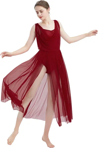 Miniatura 2 de ODASDO Disfraz de baile contemporáneo lírico para mujer con cuello en V espalda descubierta falda de tul dividida vestido superpuesto fluido