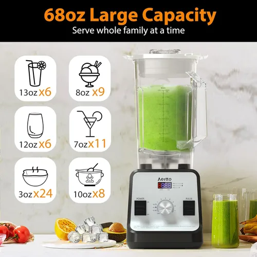 Miniatura 2 de Aeitto Licuadora para cocina, licuadora profesional de gran capacidad de 68 onzas, licuadora de batidos de 1500 vatios para triturar hielo, bebidas
