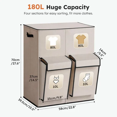 Miniatura 8 de SOLEDI Cesta doble para la ropa sucia con tapa, 47.8 galones (180 litros), cesta grande para lavandería, 2 secciones con 2 bolsillos laterales, Gris