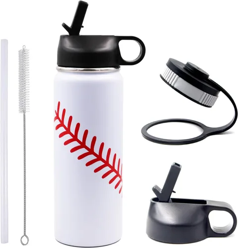 Botella de agua de béisbol de 18 onzas, botella deportiva de boca ancha, vaso de viaje de metal con 2 tapas, botellas de agua aisladas al vacío de