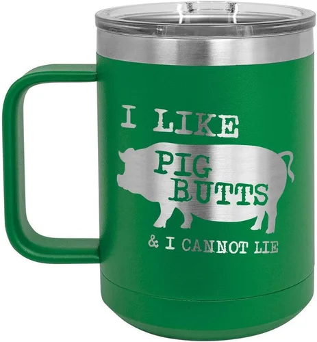 Miniatura 10 de Taza de café con tapa deslizante con texto en inglés "I Like Pig Butts 15 oz" Taza de café de viaje aislada Idea de regalo para barbacoa y Negro