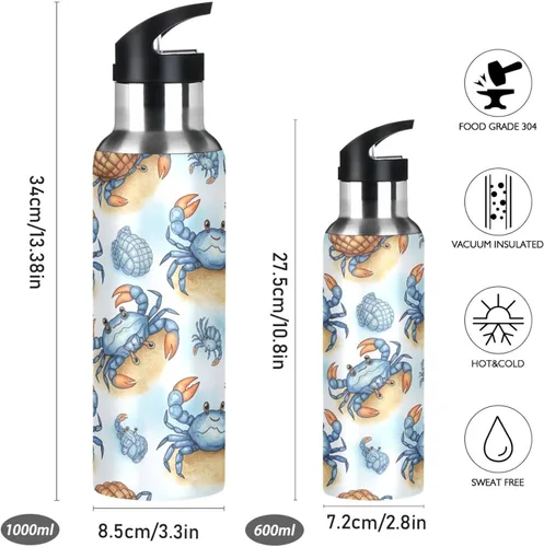 Miniatura 2 de Stainless Steel Vacuum Insulated Water Bottle 20 Oz, Leakproof Water Bottles for Gym Outdoor Travel School, Cute Blue Crabs Cartoon