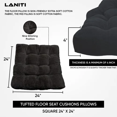 Miniatura 4 de LANITI Cojines de suelo extra grandes de 24 pulgadas para adultos, almohada cuadrada de meditación, máxima comodidad, almohadas de gran