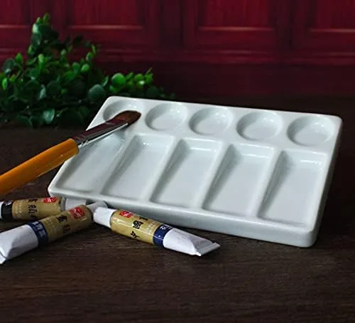 Miniatura 4 de Bandeja de paleta de acuarela de 10 pozos rectángulo blanco de cerámica para artista, paleta de pintura de acuarela de porcelana para acuarela