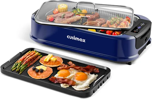 Parrilla sin humo CUSIMAX de 1500 W, parrilla eléctrica interior con plancha y rejilla con pantalla LED inteligente y tapa de vidrio templado, Azul