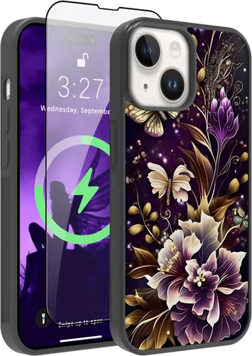 OOK Funda Magnética para iPhone 15 Plus Diseño de Nebulosa Espacial de Flores Morado Profundo [Compatible con MagSafe] PC Duro + TPU Suave