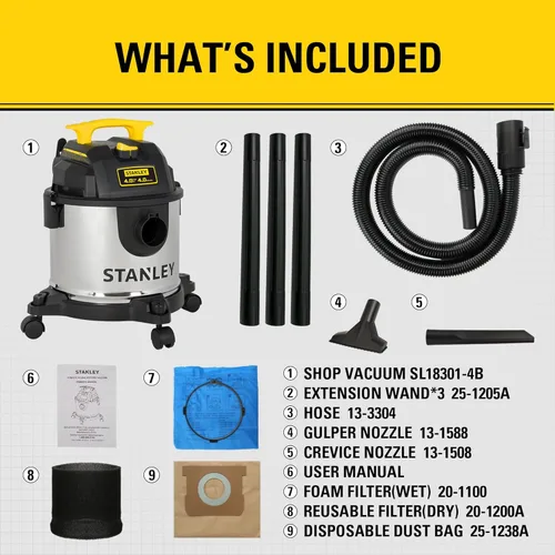 Miniatura 10 de STANLEY Aspiradora húmeda y seca de 4 galones, soplador de vacío 3 en 1 de 4 picos HP de acero inoxidable con potente succión, aspiradora para lugar