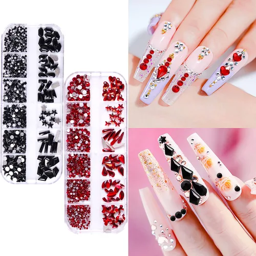 Miniatura 3 de 1620 diamantes de imitación para uñas color negro azabache con parte trasera plana, diamantes de imitación rojos para uñas, cuentas redondas, gemas