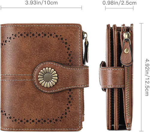 Miniatura 78 de SENDEFN - Billetera pequeña de piel auténtica para mujer, diseño plegable con ventana para tarjeta de identificación