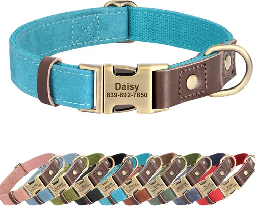 Miniatura 8 de Collares personalizados de piel sintética suave con nombre de mascota y número de teléfono para perros medianos, collares ajustables y duraderos