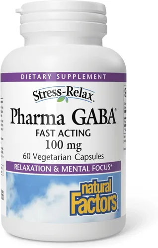 Natural Factors 60 cápsulas vegetarianas de suplemento dietario para relajación antiestrés Pharma GABA de 100 mg, promueve la tranquilidad mental y