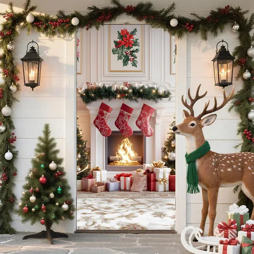 Miniatura 4 de Cubierta de Puerta de Navidad Papá Noel Muñeco de Nieve Árbol de Navidad Corona Pancarta Decoración de Vacaciones de Invierno para Puerta Principal