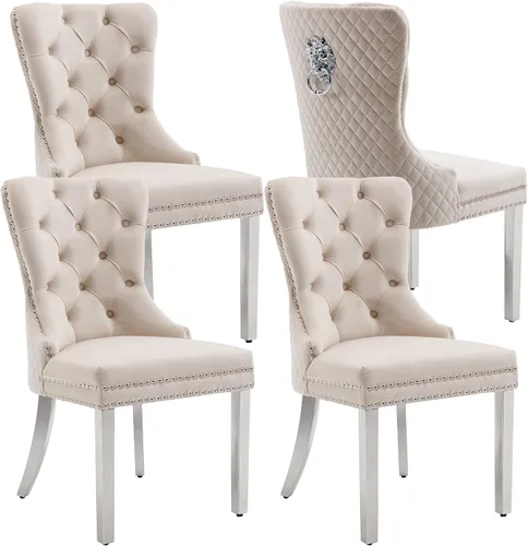 Miniatura 13 de KCC Juego de 2 sillas de comedor tapizadas de terciopelo, modernas sillas capitoné con botones con anillo de cabeza de león y patas de acero Patas