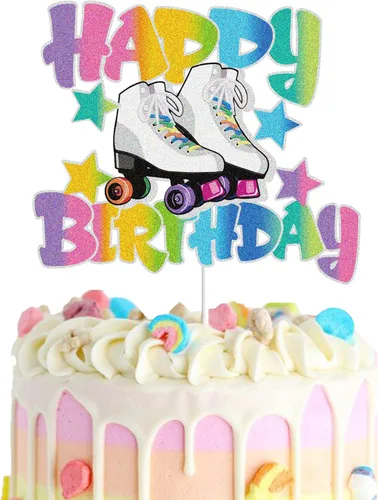 Patín de ruedas Happy Birthday Cake Topper para niñas, retro, colorido, hip hop, tema, fiesta, decoración de tartas, suministros para rodar