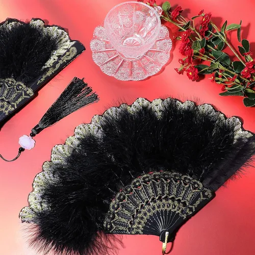 Miniatura 4 de Namalu - Abanico de plumas bordado, 2 piezas, diseño de marabú de los años 20, plegable, drag queen para mujeres de los años 20, disfraz de fiesta