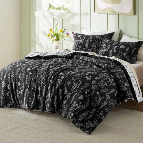 Miniatura 2 de Bedsure Juego de edredón de tamaño King, color negro, lindo, floral, regalo para mujer, 3 piezas, 1 suave edredón reversible con flores y 2 fundas