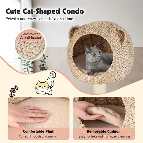 Miniatura 2 de PETSITE Árbol tejido para gatos, moderna torre para gatos con hamaca y postes rascadores, condominio de cola de espadaña y percha superior, árbol