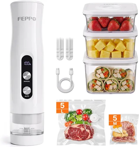 FEPPO Sellador al vacío compacto para alimentos (máquina selladora al vacío + 3 recipientes + 10 bolsas reutilizables), potente sellador de