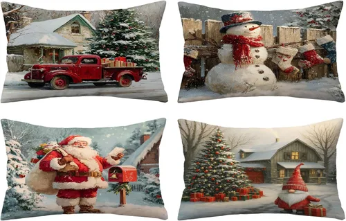 Miniatura 9 de Fundas de Almohada Feliz Navidad 12x12 Juego de 4 Fundas de Almohada de Terciopelo de Navidad Rosa Navidad Invierno Vacaciones Fundas de Almohada