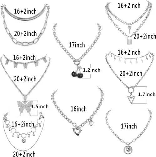 Miniatura 7 de Juego de 8 collares de cadena en tono plateado y dorado para mujeres, adolescentes y niñas y niños, collar colgante en capas con diseño multicolor