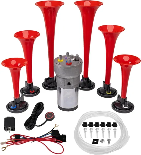 Miniatura 8 de FARBIN Bocina musical con sonido musical de 6 trompetas con compresor, juego de melodía de padrino, rojo, 12 V, 150 db, para tren, camión