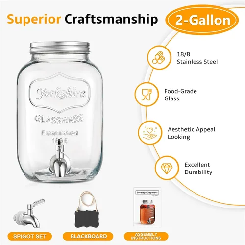 Miniatura 5 de Dispensador de bebidas de vidrio de 2 galones, grifo y tapa de acero inoxidable 18/8 - Dispensadores de bebidas de vidrio para fiestas