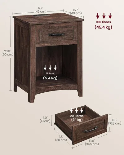 Miniatura 3 de VASAGLE Colección LIRY - Mesita de noche de granja con estación de carga, mesa de cabecera, mesa auxiliar con cajón, compartimento abierto