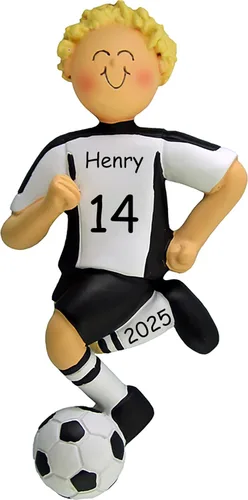 Miniatura 18 de Adorno de Navidad personalizado de fútbol, uniforme blanco y negro, niña, cabello rubio, bola de regate, resina pintada a mano, 4.5 pulgadas