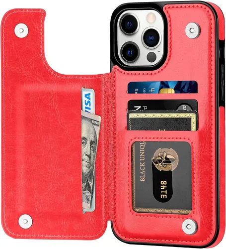 Funda tipo cartera para iPhone 13 Pro Max, funda de piel sintética suave premium con función atril y función atril para iPhone 13 Pro Max de 6.7 Rojo