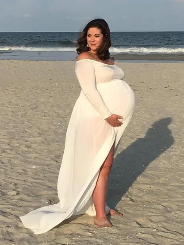 Miniatura 5 de YnimioAOX Vestido de maternidad de manga larga con hombros descubiertos para fotografía vestido de maternidad de gasa para sesión de fotos