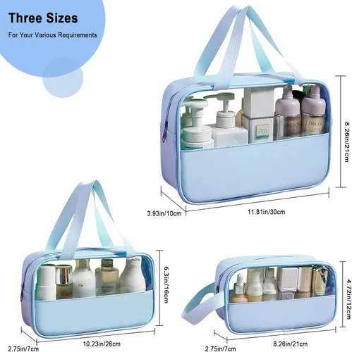 Miniatura 3 de Paquete de 3 bolsas de aseo de viaje impermeables, PVC transparente y organizador de maquillaje cosmético de poliuretano floral azul, aprobado por
