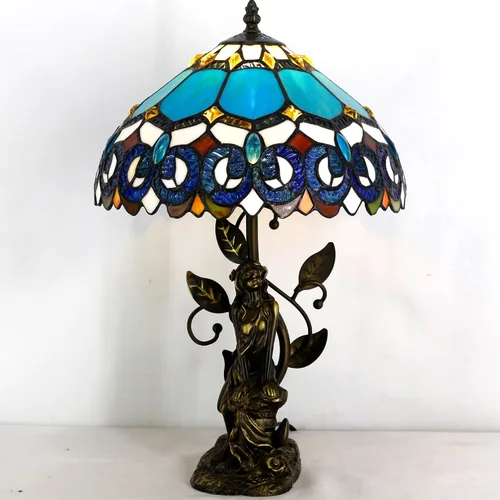 Miniatura 3 de Tiffany - Lámpara de mesa con vitrales, 12 x 12 x 18.5 pulgadas, escultura de resina, luz de lectura antigua (joyería azul barroco) Escultura