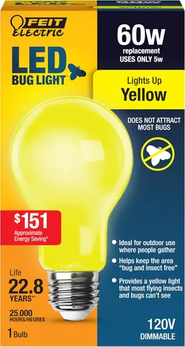 Feit Electric A19 - Luz LED para insectos para exteriores, equivalente a 60 vatios, bombilla LED no regulable, base mediana E26, 120 V, 22 años de