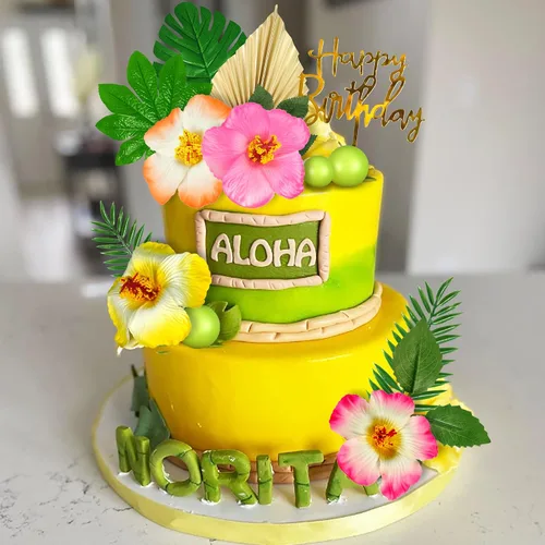 Miniatura 4 de 25 adornos para tartas hawaianas con hojas de palma, hibisco, bolas de flores para Hawaii, Aloha, selva, verano, boda, cumpleaños (multicolor)