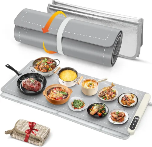 Miniatura 11 de FYY Tapete de calentamiento para alimentos con almohadilla resistente al calor, evita grietas en la encimera, mantiene la comida caliente, Gris