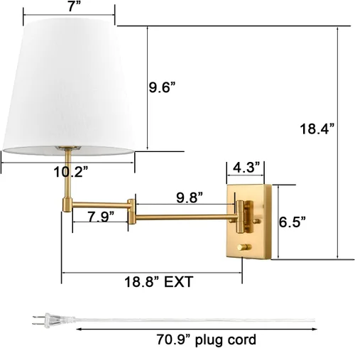 Miniatura 8 de HYDELITE Lámpara de pared dorada con brazo oscilante, apliques de pared de latón con pantalla de lino, accesorios de pared enchufables o cableados