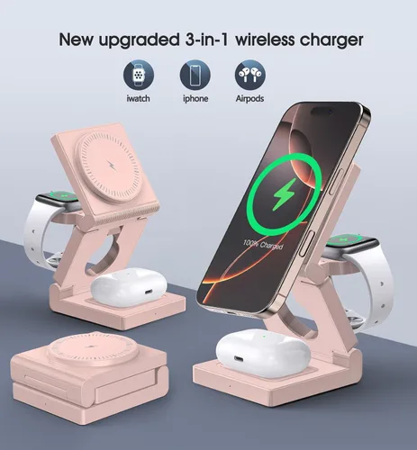 Miniatura 5 de Estación de carga inalámbrica 3 en 1 para múltiples dispositivos Apple - Cargador inalámbrico magnético plegable para viajes - Cargador de 18W