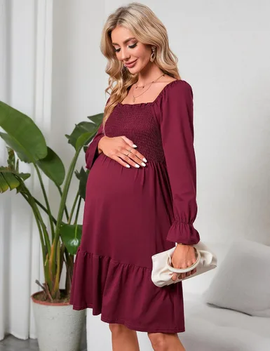 Miniatura 2 de KOJOOIN Vestido de verano de manga corta con cuello cuadrado para mujer, estilo bohemio, fruncido, con volantes, casual, vestido midi para baby