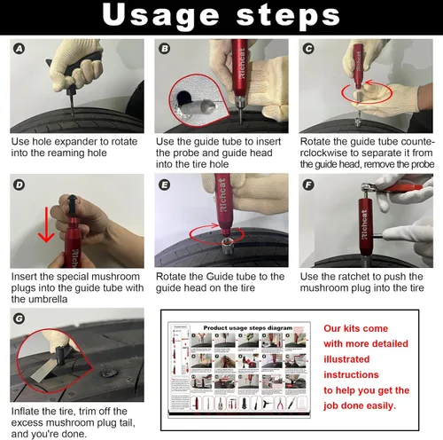Miniatura 8 de Richcat Kit de reparación de pinchazos de neumáticos sin cámara con tapón de seta, repara pinchazos y neumáticos planos para motocicletas