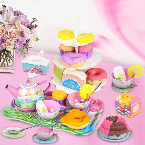 Miniatura 2 de PRE-WORLD - Juego de té para niñas pequeñas, 50 piezas de juguete de princesa para fiestas de té, incluye postre, galletas, dona, bandeja de tetera
