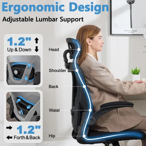 Miniatura 4 de Office Chair, Ergonomic Office Chair with Headrest, Comfy Home Office Desk Chairs with Lumbar Support & Flip-up Armrests, 330LBS High Back Mesh