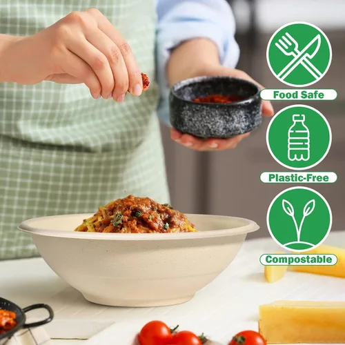 Miniatura 4 de Cuencos de papel grandes de 32 onzas, paquete de 50 unidades, resistentes, biodegradables y aptos para microondas, cuencos de bagazo ecológicos
